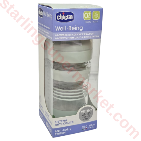 CHICCO WELL BEING GLASS BIBERON 0+ SLOW SIL 150 ML