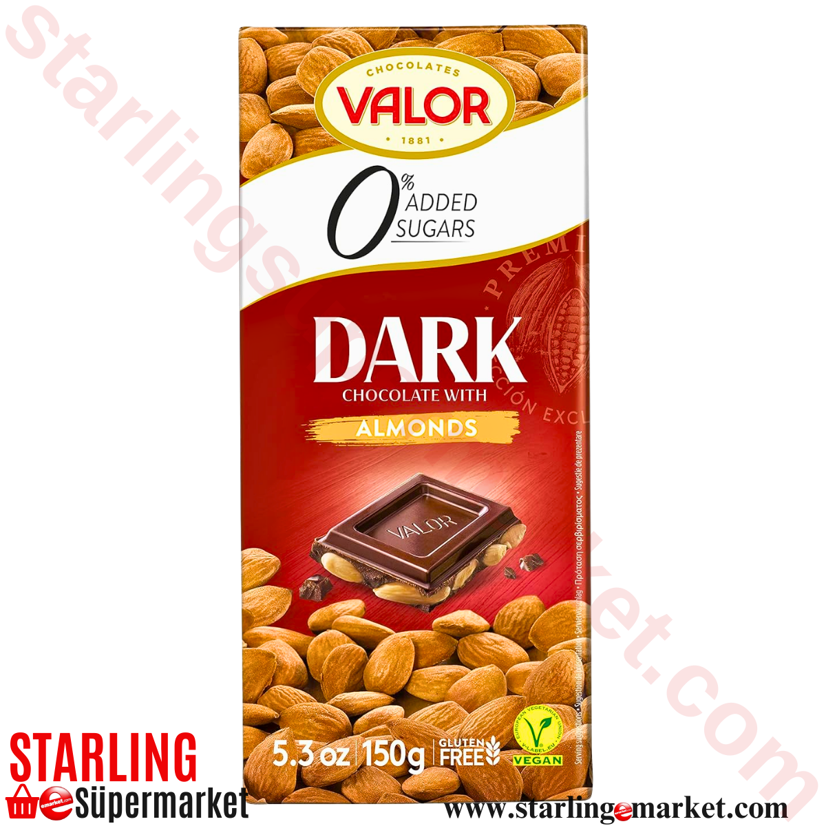 VALOR CHOCOLATE DARK WITH ALMONDS NO SUGAR 150 G